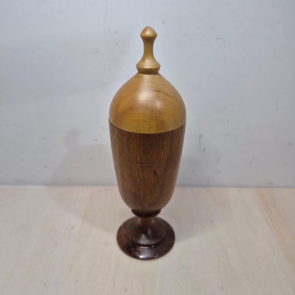 Vintage Hand Turned Walnut Wood Lidded Vessel Urn Two Tone Artisan 1990 6.75"
